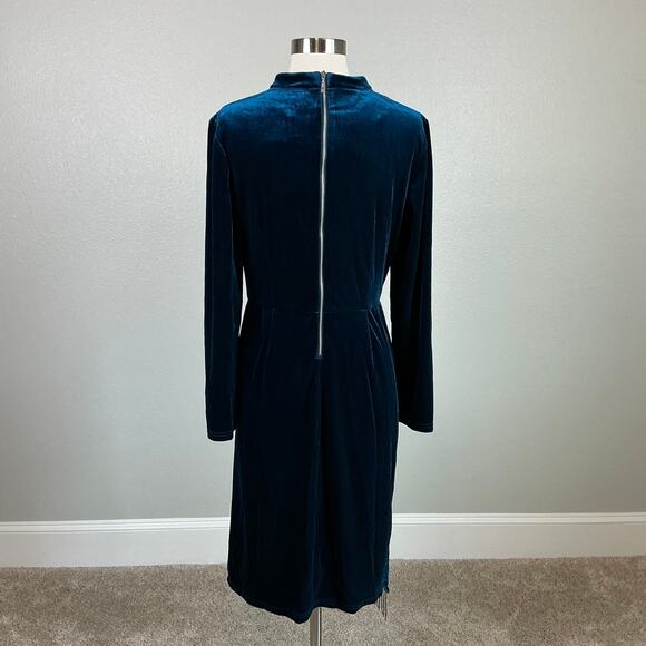 Tahari ASL Long Sleeve Velvet Sheath Cocktail Dress Blue Size 16 Beaded Sash - Picture 6 of 15
